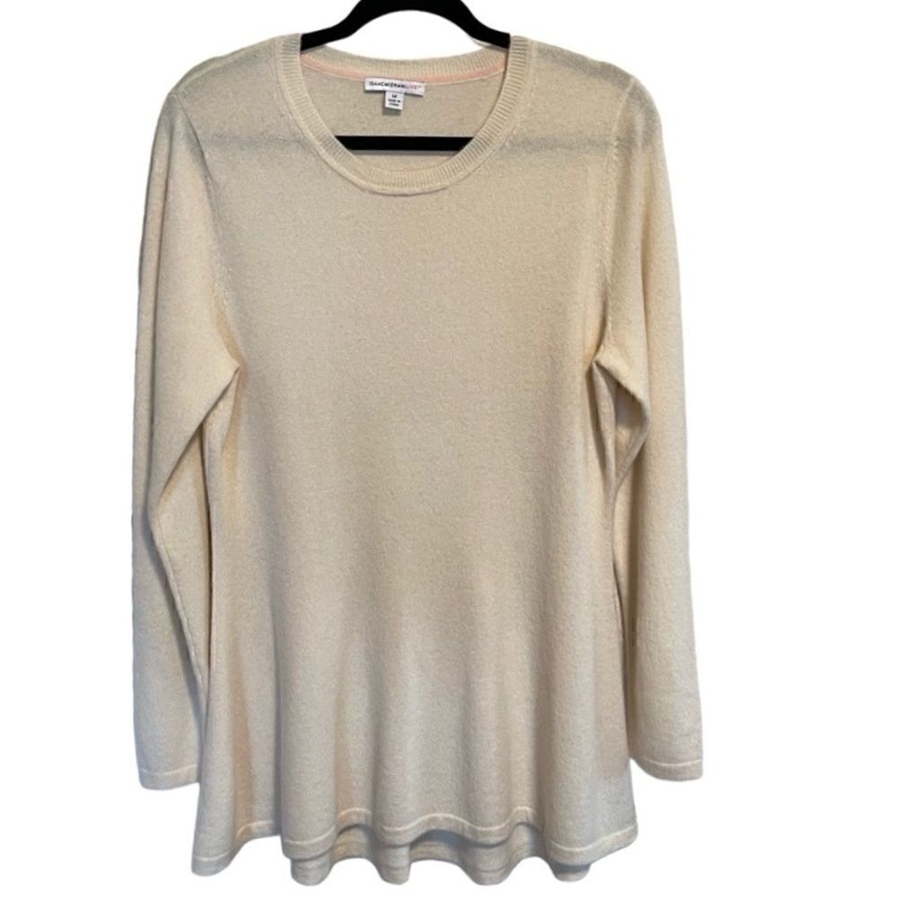 Isaac Mizrahi- 100% Cashmere Cream Ivory Peplum Long Tunic Sweater, Size Medium
